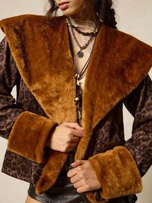 SoleilVie Cappotto invernale elegante da donna con stampa leopardata e collo a bavero, versatile. Cappotto invernale casual da donna in stile retrò con stampa leopardata, collo e polsini in pelliccia. Cappotto retrò con bordi in pelliccia, adatto sia per uscite casual che per l'abbigliamento elegante da ufficio. Questo comodo cappotto in pelliccia con stampa leopardata a patchwork è perfetto sia per le occasioni casual che per quelle formali. Invernale da donna, per il Ringraziamento da donna, bluse eleganti da donna, top con stampa ghepardo, top marrone, cappotto da con stampa leopardata - Castano - Visualizzare 7