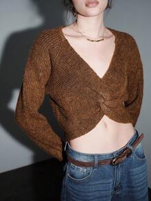 SHEIN LUNE 2025 Damen Herbst/Winter Neue Mode Cut-Out-Design Twist Design Minimalistischer Strickpullover - Braun - Übersicht 6
