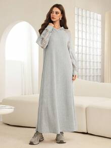 Mulvari Women's Lace Patchwork Knitted Long Sleeve Flared Hem Arabic Style Dress, Autumn/Winter - Grey - View 3