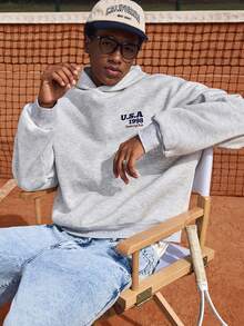 SWAVVY 男式棒球印花图案上衣，采用羊毛面料，连帽宽松运动衫，适合秋冬 - 淺灰色 - 查看 2