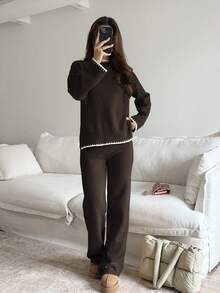 Flirla 2 件套女士撞色饰边圆领落肩长袖宽松开衩针织毛衣套装