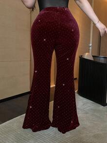 Flirla Plus Size Black Rhinestone Embellished Slim Fit Flare Pants - Burgundy - View 2