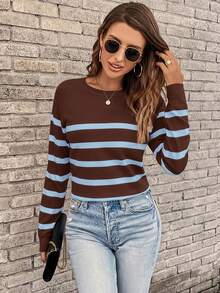 Easowa 秋冬休闲黑白条纹圆领插肩袖女式毛衣 - 棕色 - 查看 3