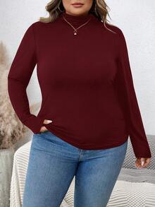 SHEIN CURVE+ 纯色罗纹修身立领针织保暖 T 恤 - 酒紅色 - 查看 5