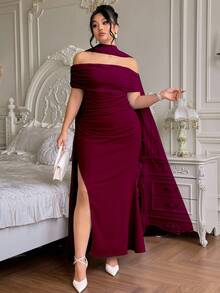 Roveilla Đầm hở lưng hở vai xẻ tà sang trọng, thanh lịch, lãng mạn, dự tiệc cỡ lớn dành cho nữ, thích hợp mặc đi tiệc và mặc hàng ngày - Màu đỏ tím - Xem 4