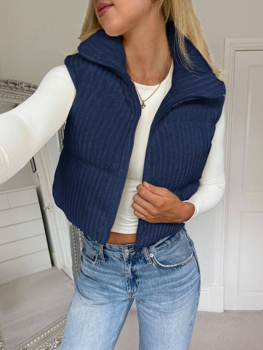 SHEIN LUNE Navy Blue Corduroy Quilted Padded Outerwear Vest For Women,High Collar Folding Collar Textured Fabric Casual Autumn Occasion Winter Fall Clothes - Dusty Blue - View 1