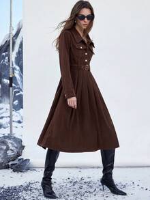 Aveloria Modichic Metal Buckle Dual Pocket Long Sleeve Dress, Fashionable Commuter Style, Long Business Dress For Women, Autumn