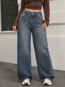 SHEIN PETITE 女式高腰口袋阔腿宽松休闲牛仔裤