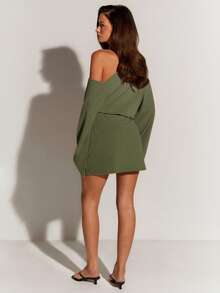 Athîral Women's Olive Green Asymmetrical Shoulder Mini Dress | Silky Soft Stretch Knit Fabric, Relaxed Flowing Draped Fit, Asymmetrical Shoulder Neckline, Extended Long Sleeves, Waist-Cinching Detail, Minimalist Seam Finish – Modern Sexy Style For Autumn, Winter, Spring, Party Nights, Date Night, Vacation, Urban Chic & Girls' Day Out Versatility - Army Green - View 2