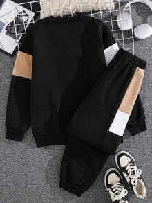 SHEIN 2pcs/Set Teen Boys' Color Block Sweatshirt And Pants Set, Casual, Comfortable, Fashionable, Versatile, Soft Fabric, Suitable For Daily Wear, School, Outings, Outdoor Activities, All Seasons - Multicolor - View 3