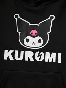 HELLO KITTY AND FRIENDS | SHEIN 青少年女孩休闲日常通勤可爱卡通字母印花口袋落肩连帽宽松运动衫，春秋季 - 黑色 - 查看 5