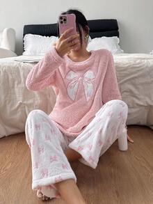 SHEIN Women's Cozy Pajama Set, Fluffy Long Sleeve Top With Bow Embroidery, Bow Print Pants, Cute Round Neck, Autumn/Winter - Pink - View 4