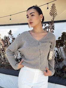 Andrea Bello 女式纯色 V 领蝙蝠袖单排扣休闲开衫、女式开衫、女式开衫毛衣、秋冬棕色开衫 - 卡其色 - 查看 5