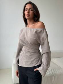 Aloruh Women's Fall/Winter Elegant Asymmetrical Shoulder Side Slit Top For Women,Elegant Tops For Women,Office Wear Women,Teacher Outfits Women - Khaki - View 5