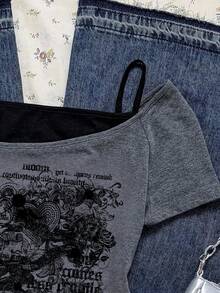 Attitoon Áo thun tay ngắn họa tiết trái tim, gai, hoa hồng, phong cách thường ngày, retro, grunge, punk, goth, tối màu, dành cho nữ, phù hợp cho mùa thu/đông, hoạt động ngoài trời, phong cách đường phố, sang trọng, Y2K - Nhiều màu - Xem 5