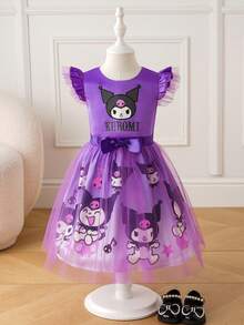 HELLO KITTY AND FRIENDS | SHEIN 少女甜美可爱卡通图案圆领盖袖网纱拼接紫色连衣裙