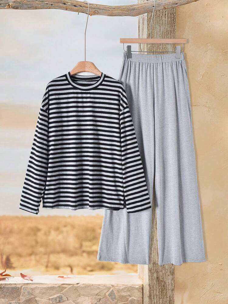 Women's Casual Striped Top And Solid Color Pants 2 Pieces Set, Autumn Winter Clothes For Women Clothes For New Year  Winter Clothes For Women Vacation Outfits Women Elegant Women's Set