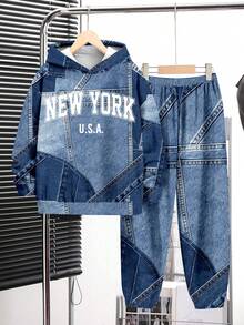 SHEIN 2 件青少年男孩休闲时尚经典图案拼布和纽约文字印花长袖连帽衫套装，秋冬舒适 - 彩色 - 查看 2