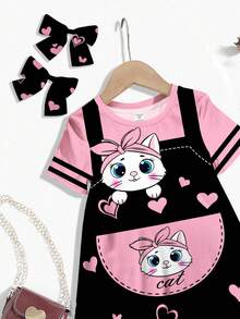 可爱粉色爱心和小猫印花“清凉夏日”少女休闲简约短袖中长连衣裙适合夏天 - 彩色 - 查看 2