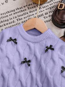SHEIN Playful Pals 新款时尚百搭可爱蝴蝶结纯色扭绳女童套头毛衣连衣裙 - 紫色 - 查看 4