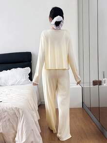 SHEIN Bộ 3 áo thun tay dài dệt kim màu trơn thường ngày cho nữ + áo hai dây + quần dài ngủ, quần áo mùa thu đông - Màu vàng - Xem 5