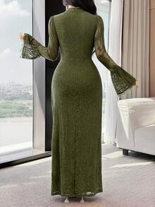 Feyla Vestido de manga larga con volantes en el bajo, unicolor y minimalista, para uso casual diario de mujer - Verde militar - Ver 4