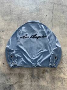 AXEPEAK Men's Minimalist Letter Embroidered Long Sleeve Denim Shirt - Blue - View 1