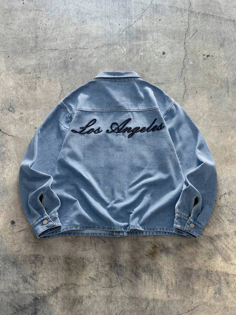 AXEPEAK Men's Minimalist Letter Embroidered Long Sleeve Denim Shirt - Blue - View 1