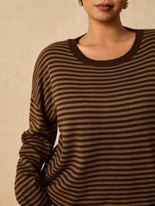 SHEIN VCAY Áo len chui đầu tay dài cổ tròn hở vai cỡ lớn cho nữ - màu nâu - Xem 7