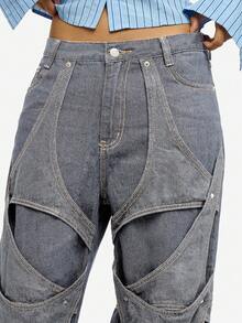 SUMWON WOMEN Wide Leg Denim Jeans With Decorative Strapping Details And Oversized Fit For Women - Light Wash - View 6