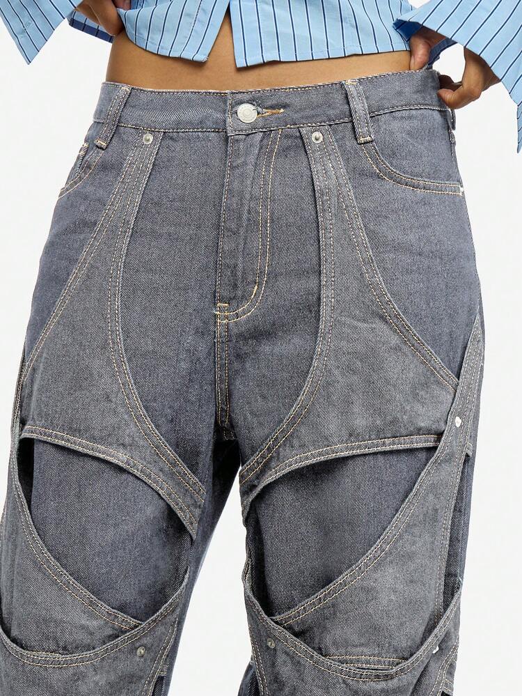 SUMWON Wide Leg Denim Jeans With Decorative Strapping Details And Oversized Fit For Women