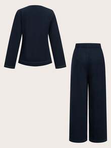 SHEIN PETITE 2 件套：女士秋装秋季休闲翻领纽扣前长袖衬衫和休闲长裤，教师装，适合日常穿着女士裤子套装两件套裤子女士 - 藏蓝色 - 查看 9