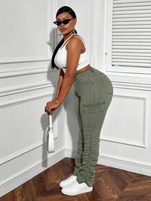 Slaydiva Plus Size Ruched Stretch Skinny Cargo Jeans - Army Green - View 3