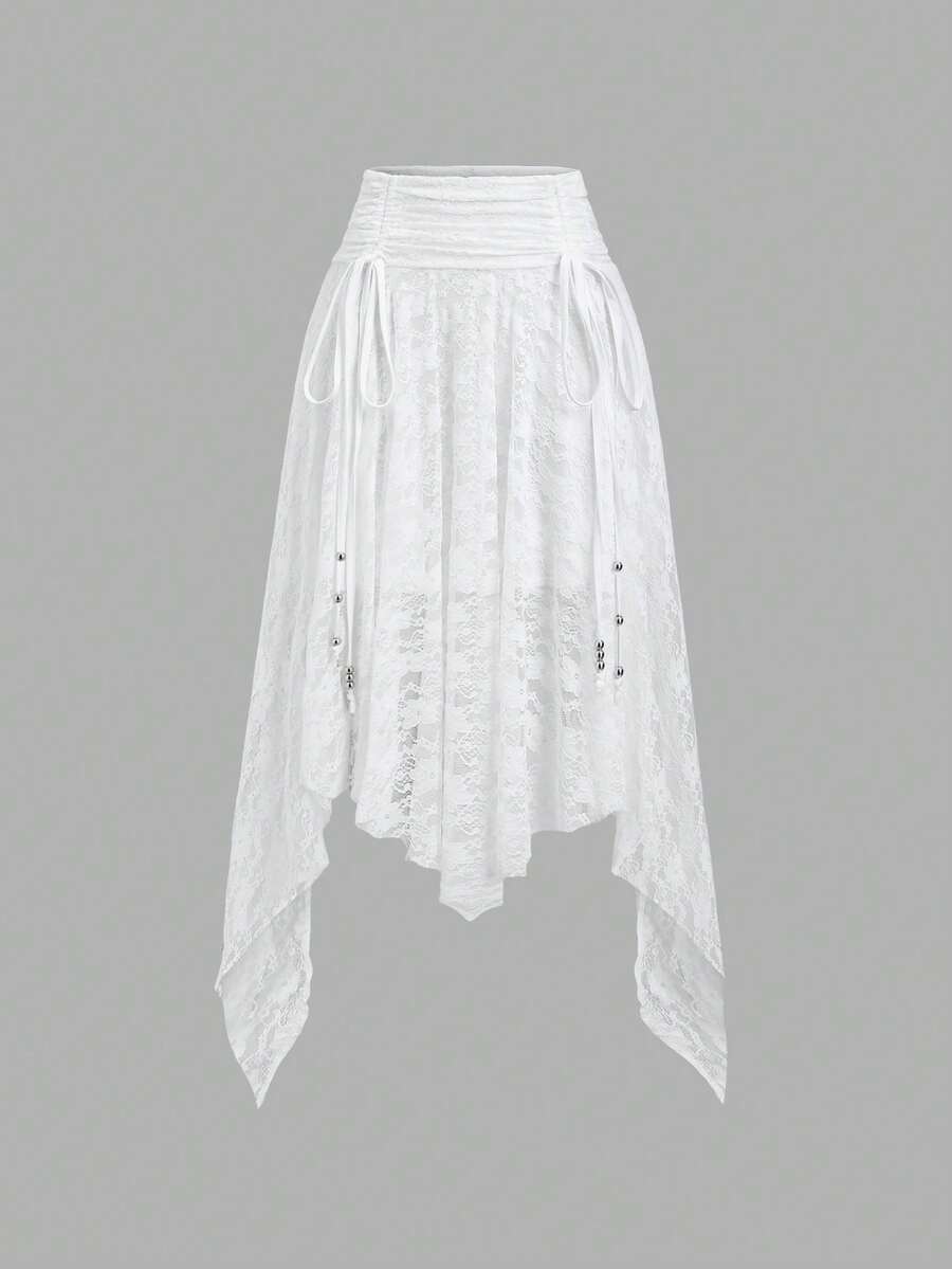 SHEIN PETITE 秋冬不对称下摆抽绳腰优雅派对新年长裙，适合娇小女性 - 白色 - 查看 1