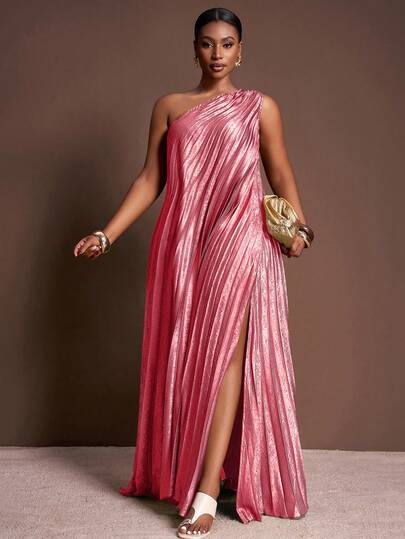 Veslaya 2025 Spring/Summer/Autumn New Elegant Party, Elegant Date, Graduation Season, Birthday Party, Dress, Gathering, Wedding Season, Banquet, Sexy, Loose Sleeveless One-Shoulder, Single-Side High Slit, Shiny Fabric, All-Over Pleats, Plus Size Maxi Dress - A