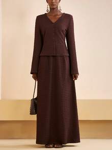 Zivah 2025 秋冬新款音乐节、复活节、圣帕特里克节、西部风、游牧风、生日派对、毕业典礼、学院风、学生装、日常休闲、基础百搭、休闲、邮轮旅行、海滩、度假、网络红、街头服饰、婚礼宾客波西米亚风、通勤、早午餐、机场、派对、节日郊游、优雅盛典 V 领长袖 TextuSkirtd 长款 A 字中长裙两件套棕色西装 - 棕色 - 查看 6