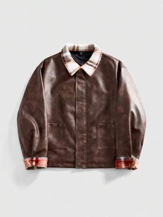 Grunge Punk Chaqueta suelta de cuero sintético con cuello a cuadros y manga larga, estilo grunge, para hombre en otoño