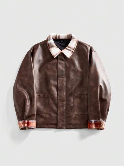 Grunge Punk Men's Autumn Patchwork Plaid Collar Long Sleeve PU Leather Loose Jacket, Grunge