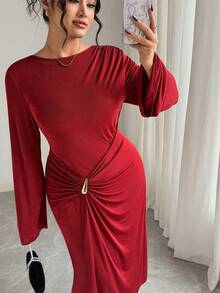 Elenzga Christmas Plus Size Autumn/Winter Knit Round Neck Cinched Waist Ruched Long Sleeve Mermaid Maxi Dress Burgundy Dress Red Long Sleeve Dress Red Curve Dress Ruched Dress Twist Front Dress Red Midi Dress Long Sleeve Elegant Dress Curve Elegant Dress Ruched Midi Dress Red Elegant Dress For Women Chinese New Year New Year Valentine's Day Christmas - Burgundy - View 9