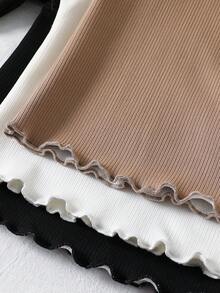 SHEIN LMoss Kids Bộ 3 áo thun cổ bẻ màu trơn LMoss Young Girl ấm áp thường ngày, mùa thu/đông, thích hợp mặc thường ngày & mặc đi học - Màu Khaki - Xem 5