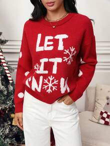INAWLY Winter Women's Knitted Sweater Christmas Red "Let It Snow" Snowflake Pattern Loose Knitted Sweater Cozy Clothes Knitwea - Red - View 4