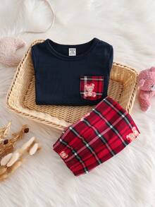 女宝宝小熊格子图案海军蓝长袖上衣和裤子睡衣套装 - 寶藍色 - 查看 5