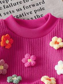 SHEIN Baby Girl Blue Knitted 3D Floral Pullover Sweater + Straight Leg Pants Set, Autumn/Winter - Watermelon Pink - View 6
