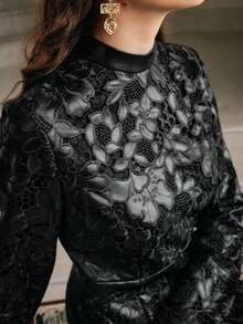 Anewsta 新款秋冬拼接镂空刺绣优雅修身中长连衣裙 - 黑色 - 查看 1