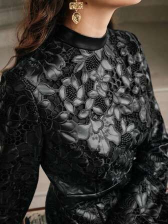 Anewsta New Autumn/Winter Patchwork Hollow Out Embroidered Elegant Midi Bodycon Dress