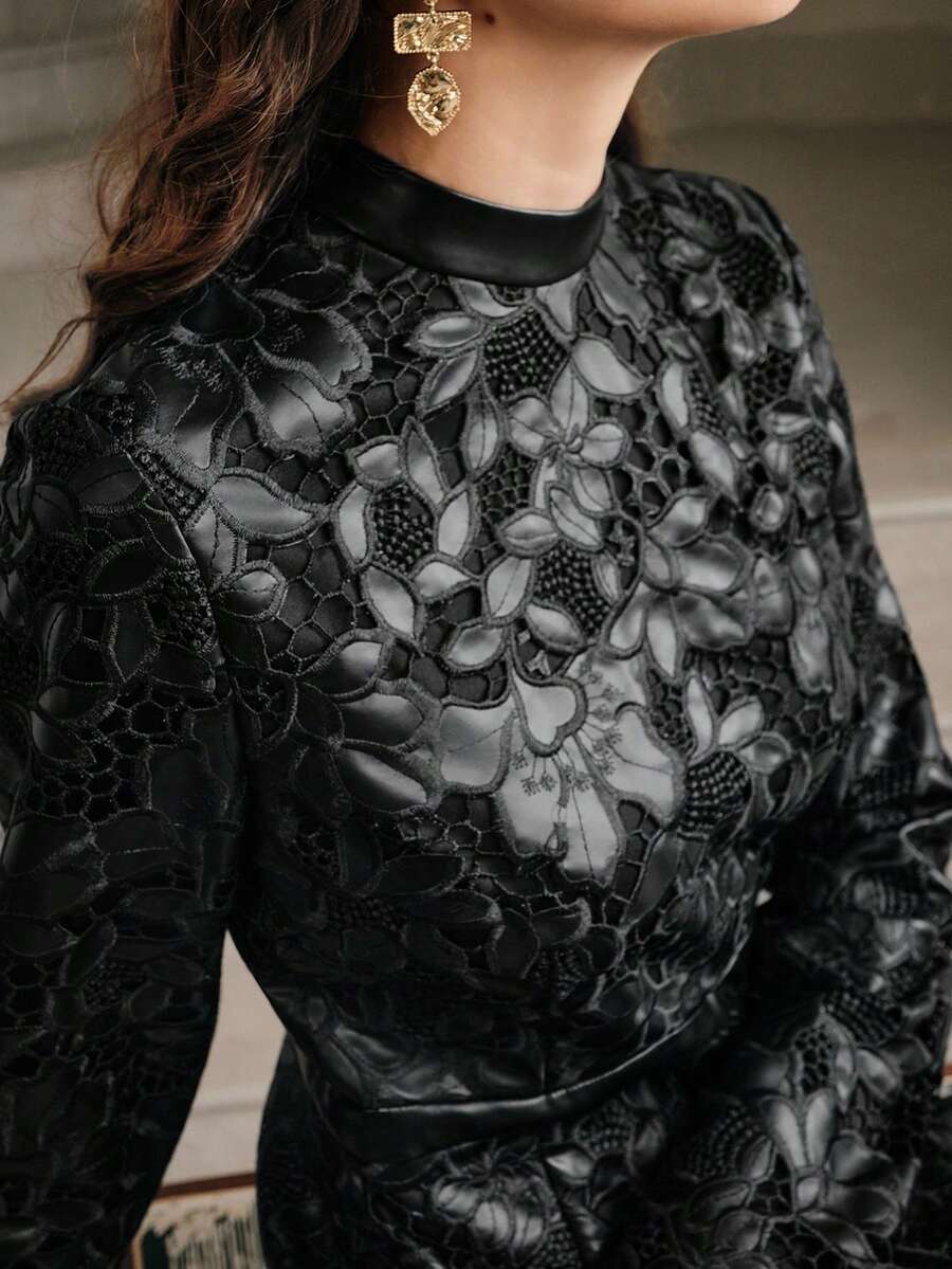 Anewsta 新款秋冬拼接镂空刺绣优雅修身中长连衣裙 - 黑色 - 查看 1