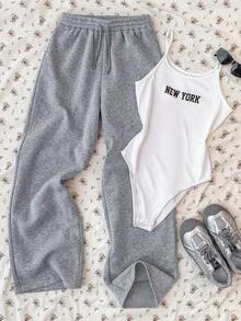 SHEIN 少女针织白色吊带背心连体裤和灰色阔腿裤休闲套装