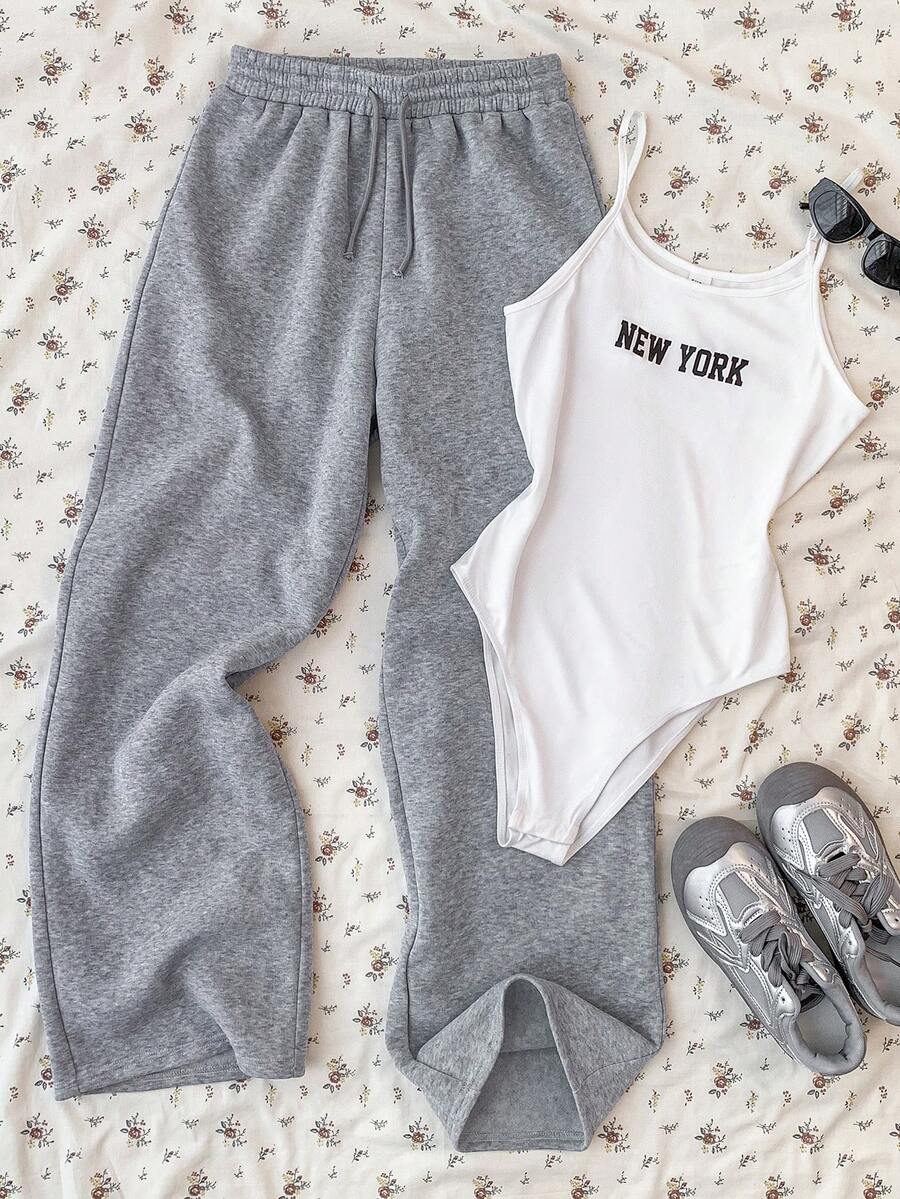 SHEIN 少女针织白色吊带背心连体裤和灰色阔腿裤休闲套装