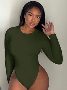 Alexandranx Bodysuit Wanita Slim Fit Polos untuk Musim Semi, Wanita Bertubuh Mungil - Hijau Tentara - View 3