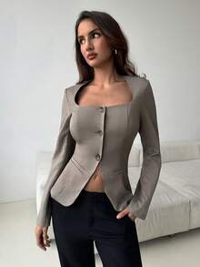 Aloruh Women's Shades Of Brown Square Collar Fitted Cropped Blazer,Elegant Office Business Casual Summer Thin Cardigan,Formal Autumn/Winter Clothes Top - Brown - View 4